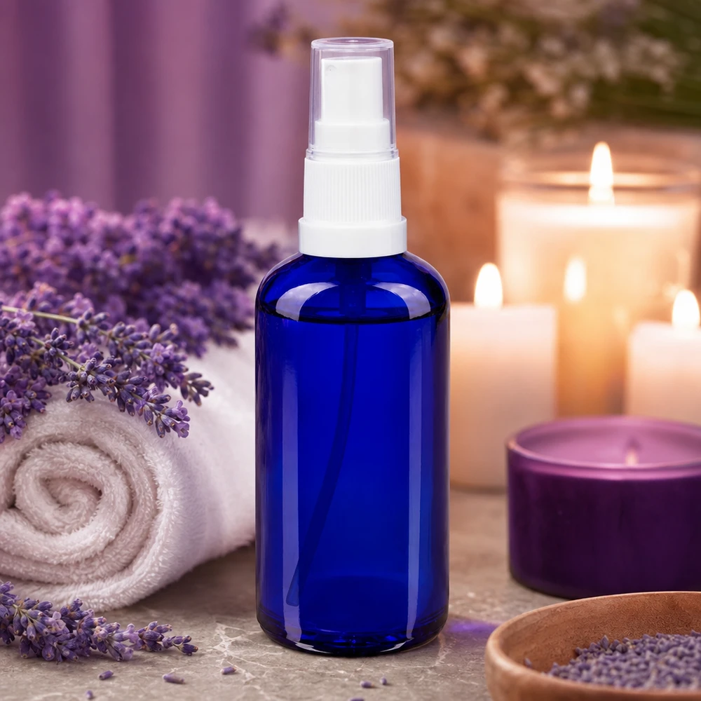 Botella de farmacia azul 50ml pulverizador blanco Frasco pulverizador de cristal azul de farmacia de 50 ml con lavanda y velas en un ambiente de bienestar