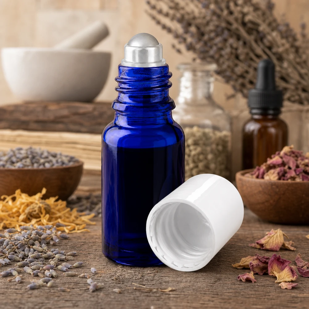 Botella de farmacia azul 10ml tapón roll-on blanco Frasco roll-on azul cobalto de 10 ml con bola de acero inoxidable entre hierbas y flores secas