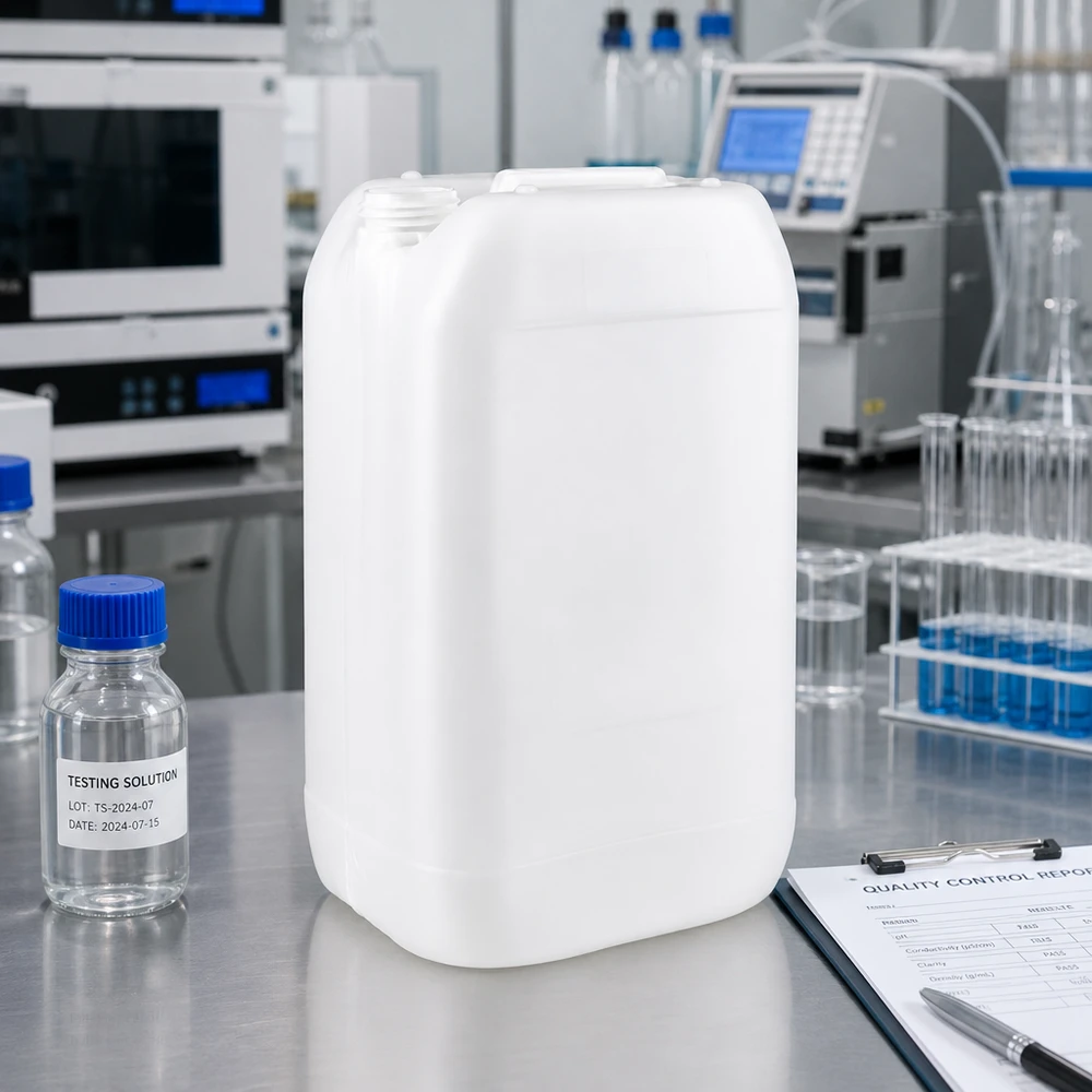 Bidón resistente de 15 litros sin tapón, junto a frascos de laboratorio y un informe de control de calidad