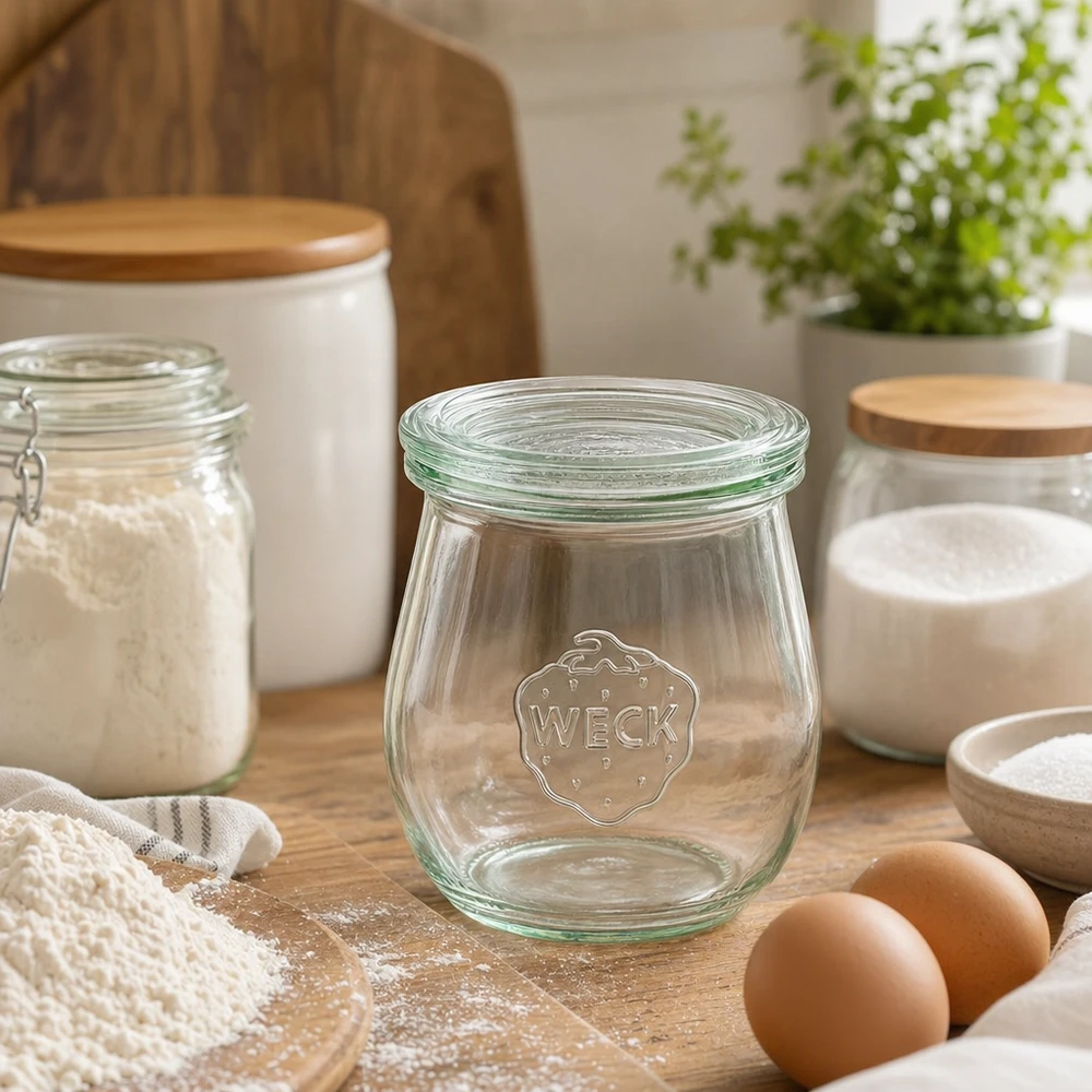 WECK tarro tulipán 220ml RR60 vacío en cocina moderna con ingredientes de cocina huevos harina y utensilios de cocina de madera