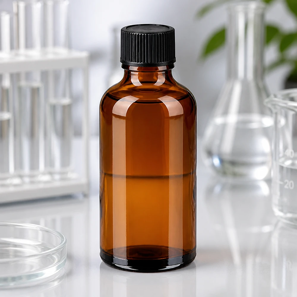 Frasco cuentagotas de 50 ml BrownLine de vidrio ámbar con protección UV y tapón estándar negro