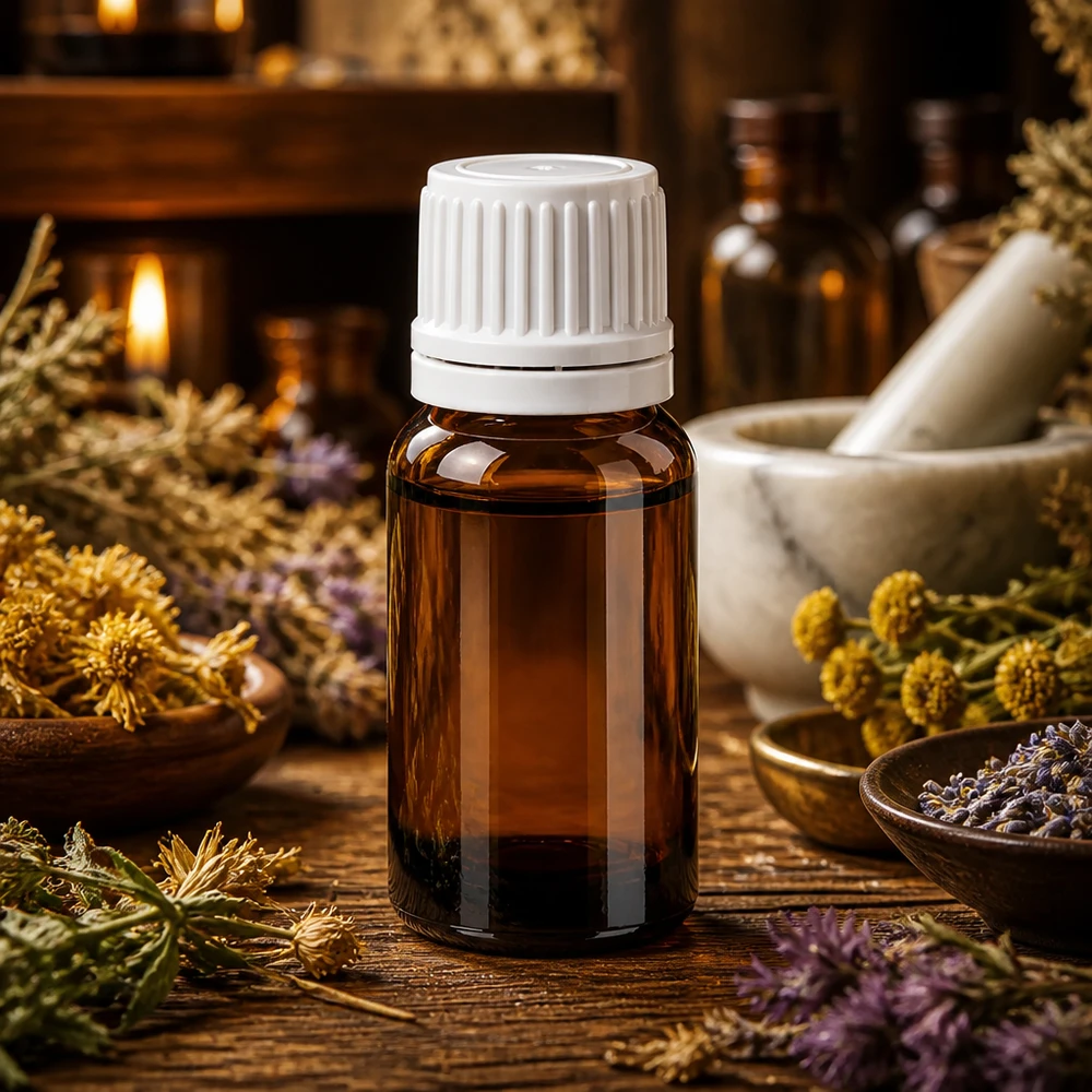 Frasco boticario de 10 ml de vidrio marrón con tapón blanco para aromaterapia y naturopatía