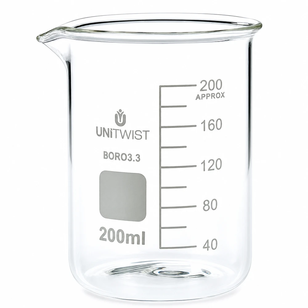Vaso 200 ml borosilicato, molde bajo UNiTWIST Vaso de precipitados de 200 ml, de forma baja, fabricado en borosilicato por UNiTWIST, con escala en mililitros