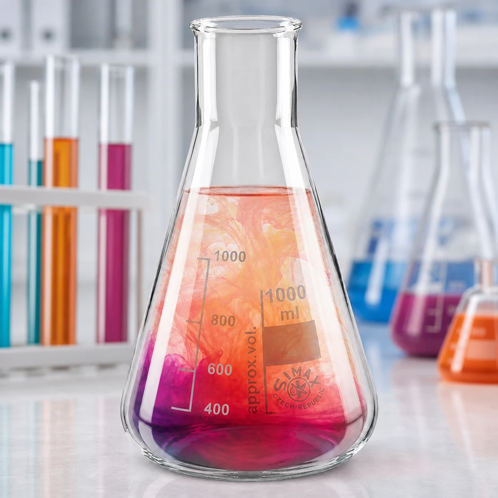 Erlenmeyer 100ml cuello ancho Matraz Erlenmeyer de alta calidad de 100 ml y cuello ancho con soluciones coloreadas para experimentos químicos