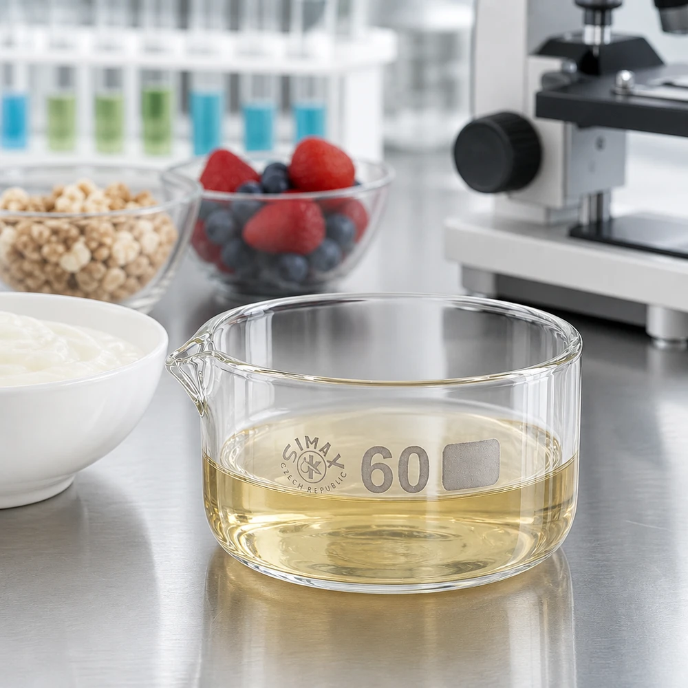 Recipiente de cristalización de 60 ml para análisis alimentario en laboratorio: yogur, frutos del bosque, muesli, aceite comestible; vidrio borosilicato
