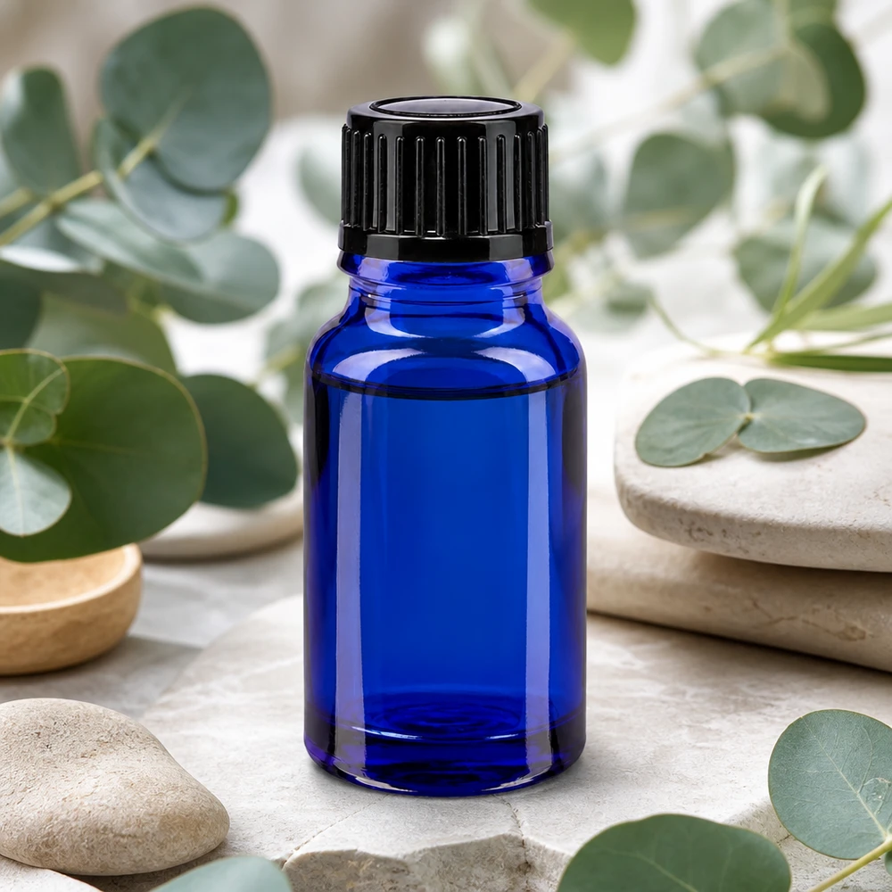 Frasco cuentagotas ApoGlas de 10 ml, de color azul cobalto, con tapón de rosca negro para aromaterapia