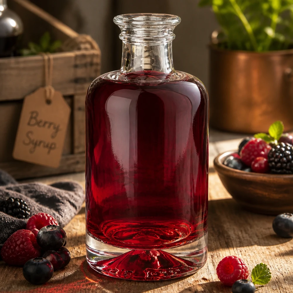 Botella de farmacia de 100 ml «Sofia» sin tapón UNiTWIST® Botella de cristal Sofía de 100 ml llena de zumo de bayas rojas rodeada de bayas frescas sobre un fondo rústico de madera