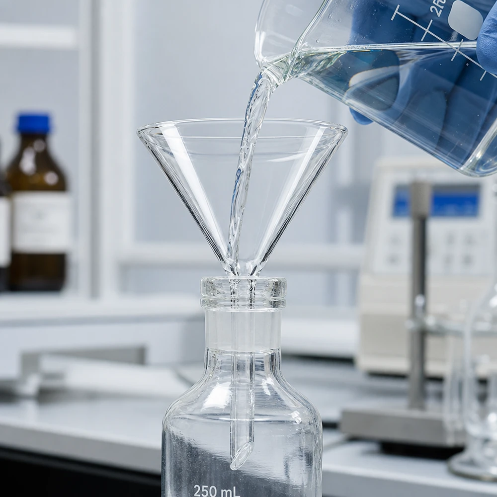 Embudo de vidrio transparente de 75 mm con mango corto de borosilicato robusto para la decantación segura de líquidos