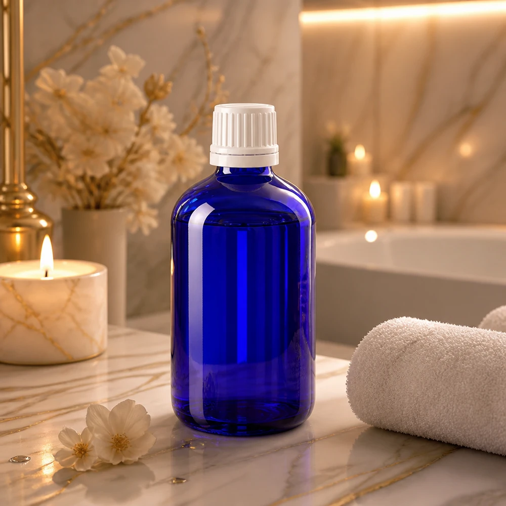 Botella de farmacia azul 100ml tapón de rosca blanco cierre inviolable Botella de cristal azul cobalto de 100 ml con tapón OV blanco de 11 mm sobre mármol, junto a unas velas y una toalla