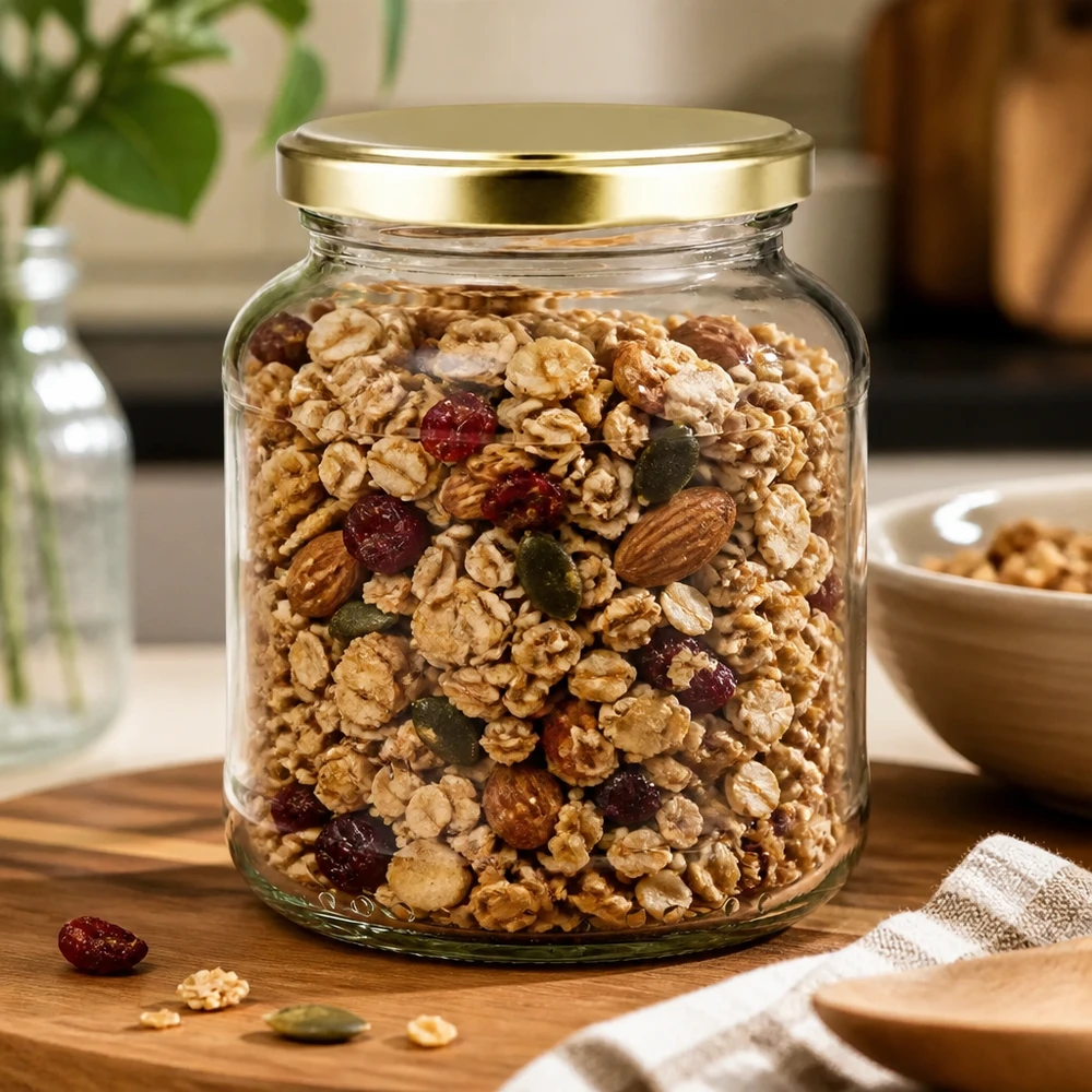 Tarro ovalado 370ml con tapa BasicSeal oro UNiTWIST Tarro ovalado de 370 ml con tapa dorada BasicSeal lleno de mezcla de frutos secos - Tarro de almacenamiento UNiTWIST para muesli
