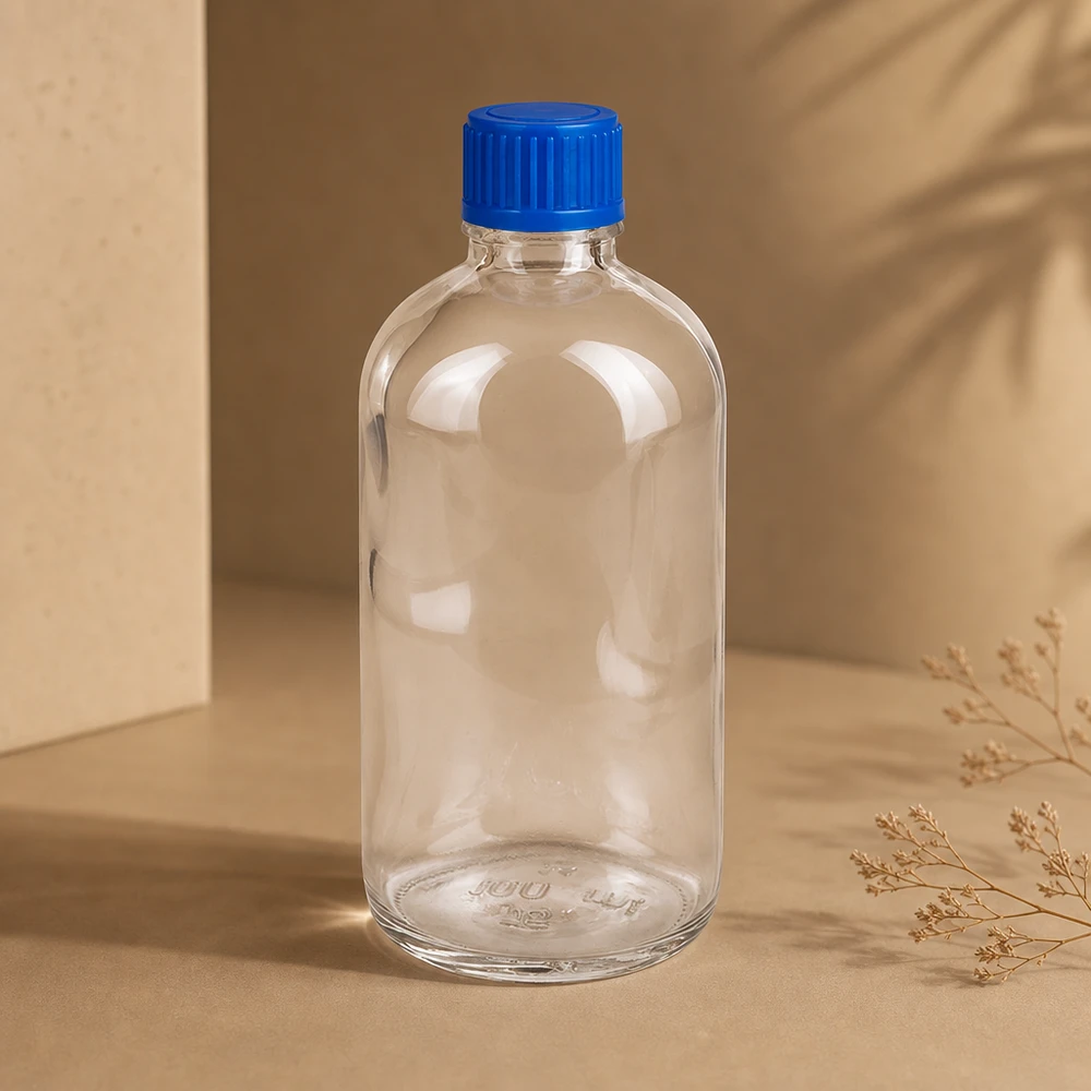Botella pequeña de cristal transparente de 100 ml ClearLine UT18 con tapón de plástico azul STD de 11 mm SV