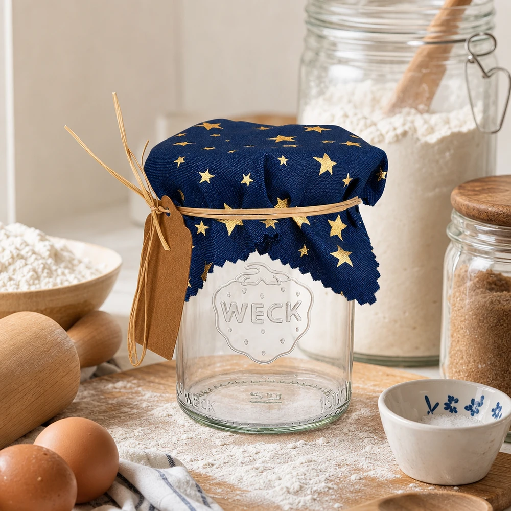 Salvamantel de tela azul "estrellas" 12cm cuadrado Alfombra de estrella azul de 12 cm sobre un tarro de conserva vacío en una cocina rústica con huevos, harina e ingredientes para hornear