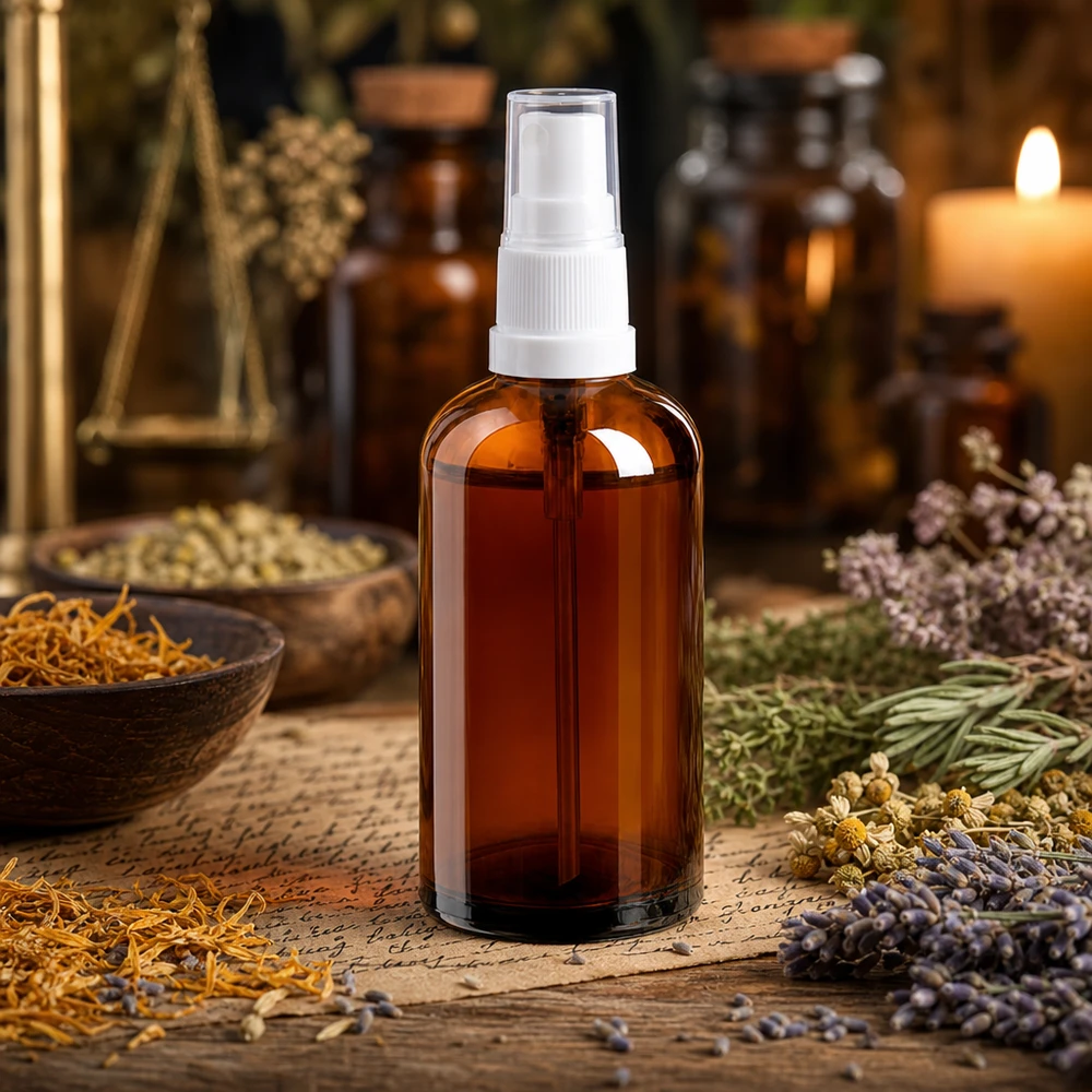 Frasco boticario de 100 ml con pulverizador de vidrio ámbar con protección UV para ingredientes naturales