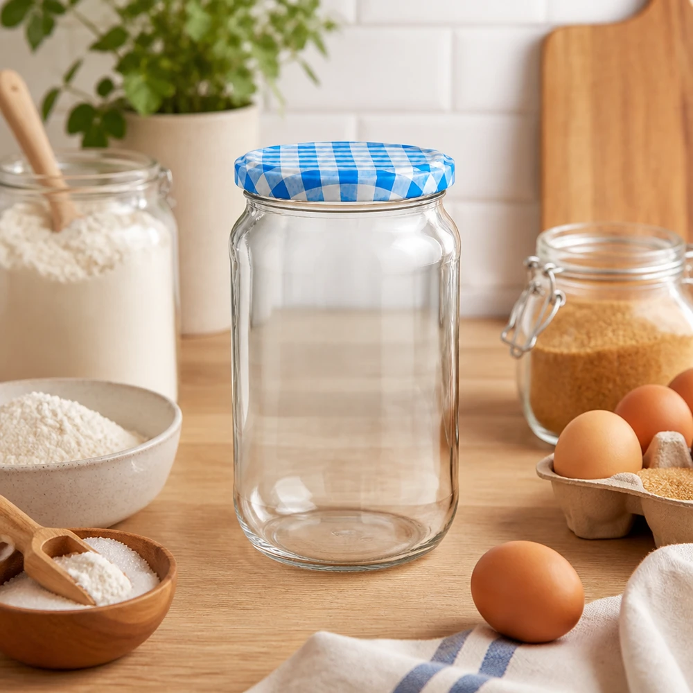 Bote redondo de 1062 ml vacío en escena de cocina con ingredientes de repostería, tapa BasicSeal azul y blanca, versátil para mezclas de repostería
