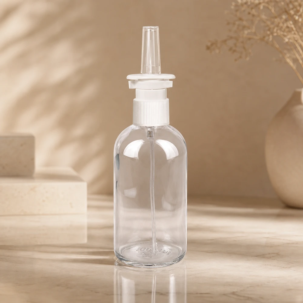 Frasco spray nasal 100ml blanco/transparente cierre estándar ClearLine UT18/100 Botella de cristal transparente ClearLine de 100 ml con pulverizador nasal blanco sobre fondo de mármol