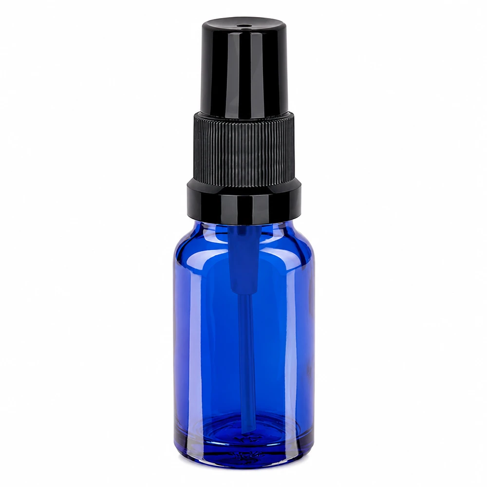 Frasco pulverizador azul de 10 ml con cabezal negro STD BlueLine UT18/10 para cosmética y aromaterapia