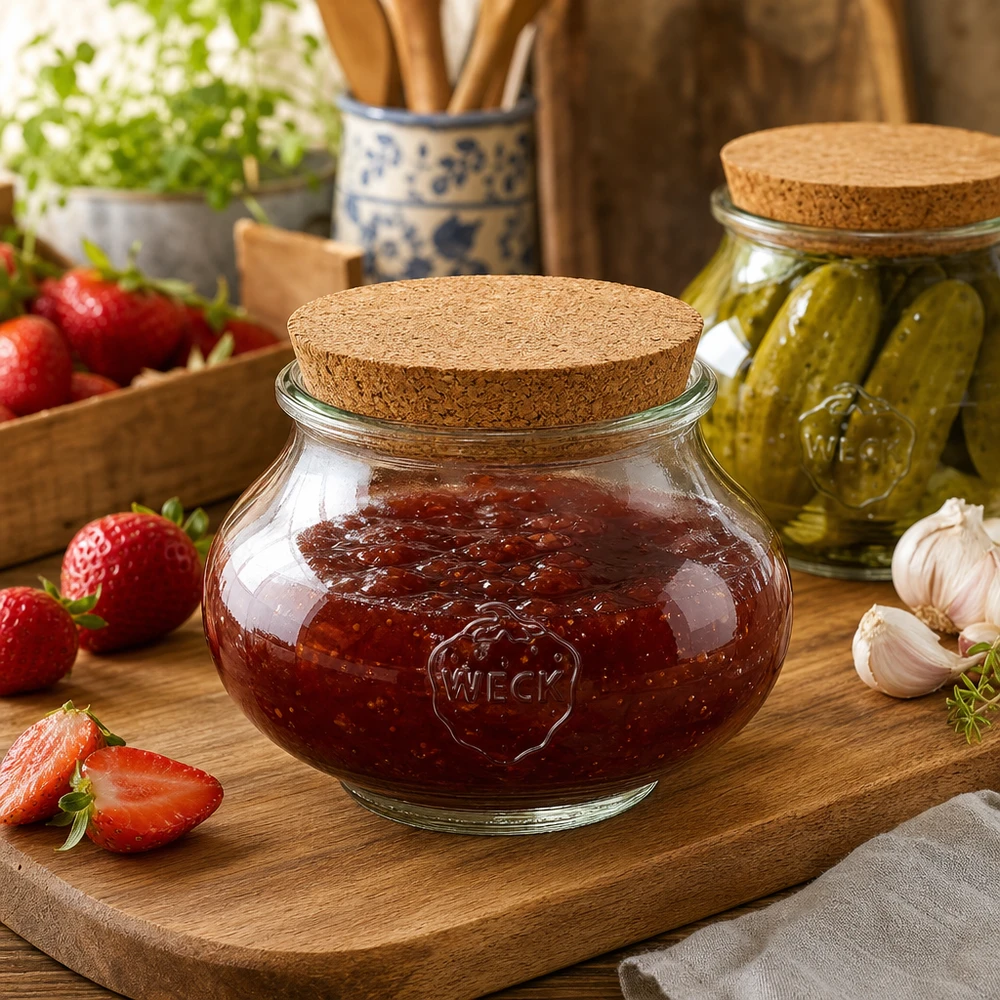 Tarro joyero de 560ml WECK RR80 con corcho natural Tarro WECK 560ml con tapa de corcho en cocina rústica lleno de mermelada junto a fresas y pepinillos