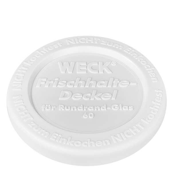 Tapa blanca de frescura de los vasos WECK 50ml RR60 con el grabado del fabricante y la información del tamaño en primer plano