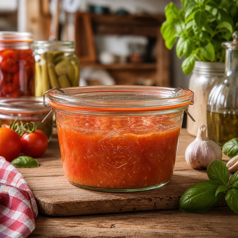 WECK RR100 vasos 370ml en la cocina rústica llena de salsa de tomate muestra el uso práctico para conservar