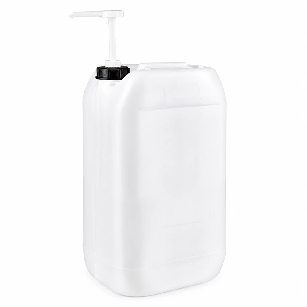 Bidón de plástico blanco de 15 litros con bomba dosificadora de HDPE para el almacenamiento seguro de líquidos