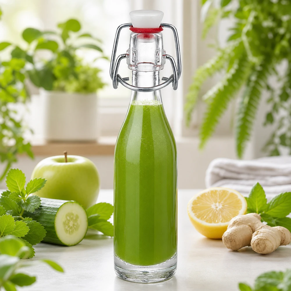 Botella de cristal de 50 ml de UNiTWIST rellena de batido verde con pepino, manzana, jengibre y limón como opción de bebida saludable