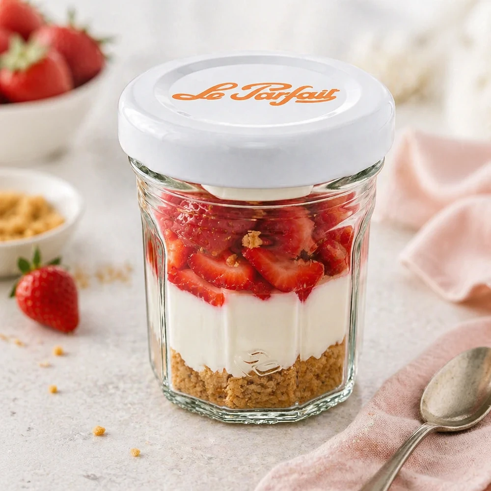 Le Parfait 44ml mini vasos como vaso de postre con fresas, crema y base de galleta - uso versátil
