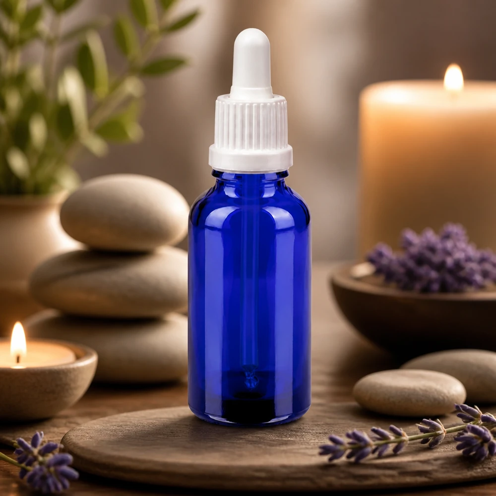 Frasco pipeta 30ml cierre inviolable blanco BlueLine UT18/30 Frasco pipeta 30ml blanco OV BlueLine UT18/30 de vidrio de alta calidad para aromaterapia y cosmética