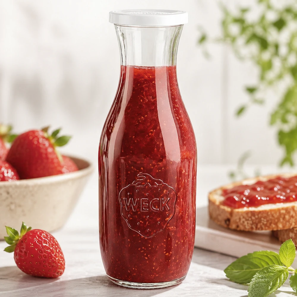 Botella para zumos de 1062 ml con tapa hermética WECK RR60 Botella de cristal WECK 1062ml llena de mermelada de fresa junto a fresas frescas y pan para untar