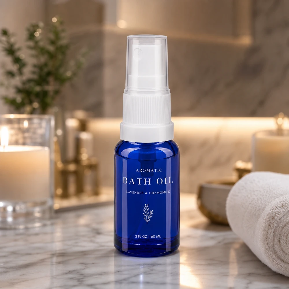 Frasco pulverizador azul de 10 ml con dosificador de bomba para aceites esenciales y productos de aromaterapia