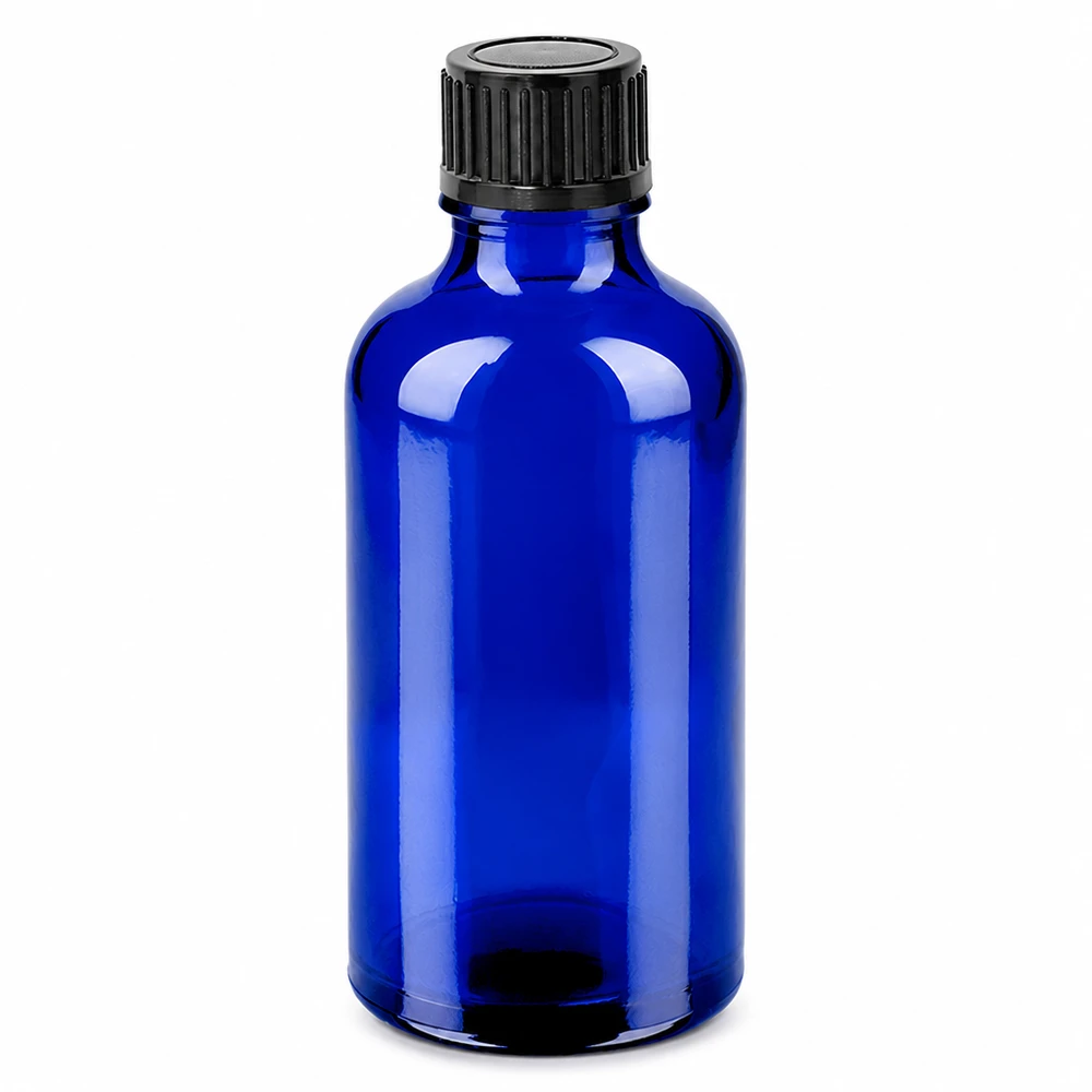 Frasco de cristal azul de 50 ml con tapón negro para aceites esenciales y cosméticos