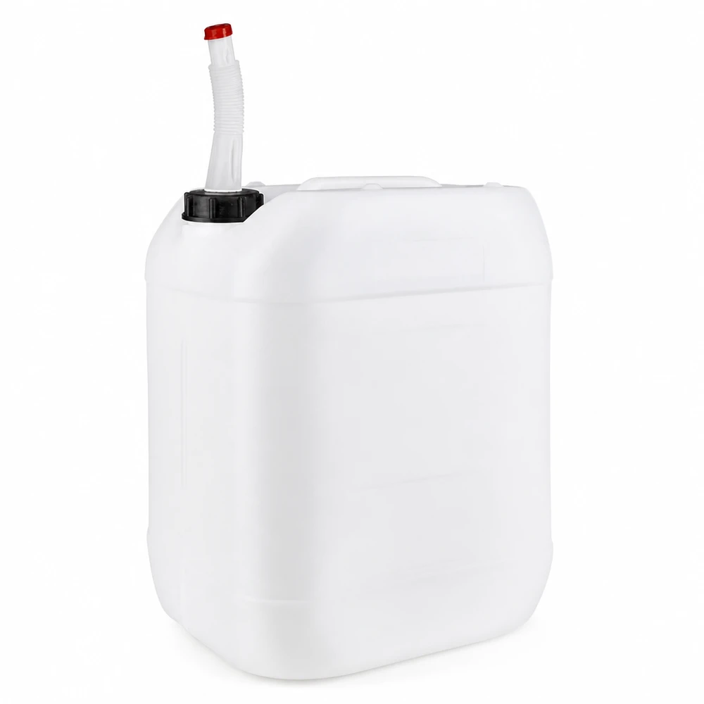 Bidón de plástico blanco de 20 litros con tubo de salida flexible y tapón rojo