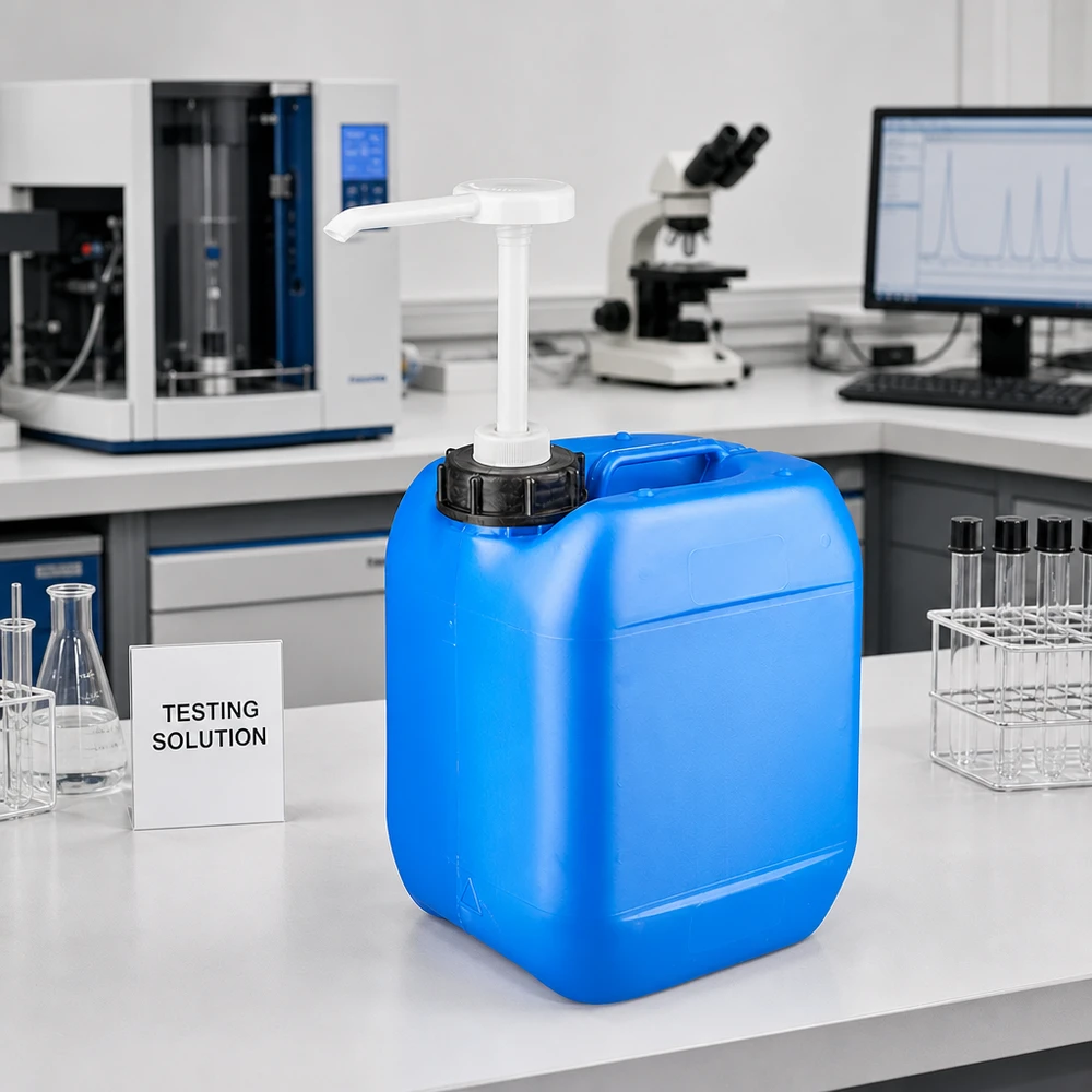 Bidón azul de 5 litros con bomba dosificadora junto a un matraz de Erlenmeyer y tubos de ensayo en el laboratorio