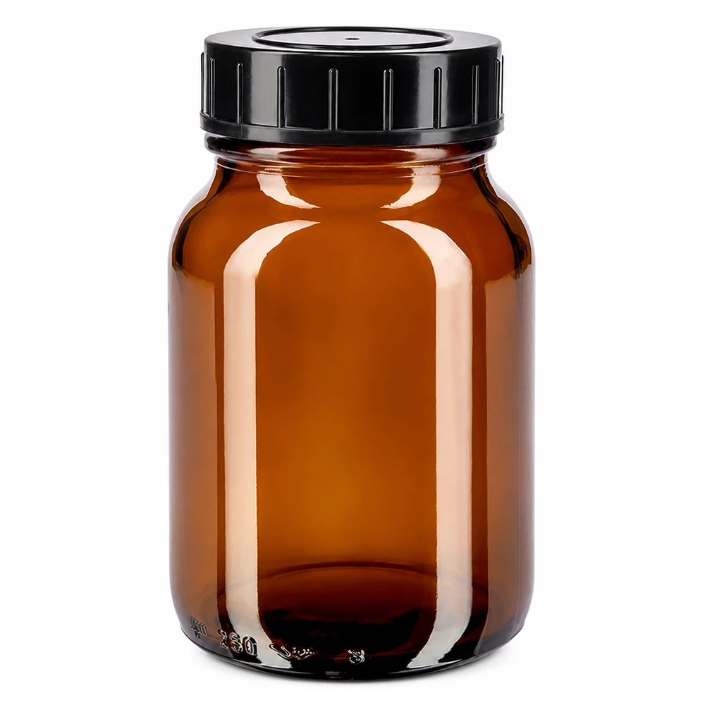 Botella ámbar de 250ml con tapón de rosca Botella de 250 ml de vidrio ámbar de cuello ancho con tapón de rosca negro para un almacenamiento seguro
