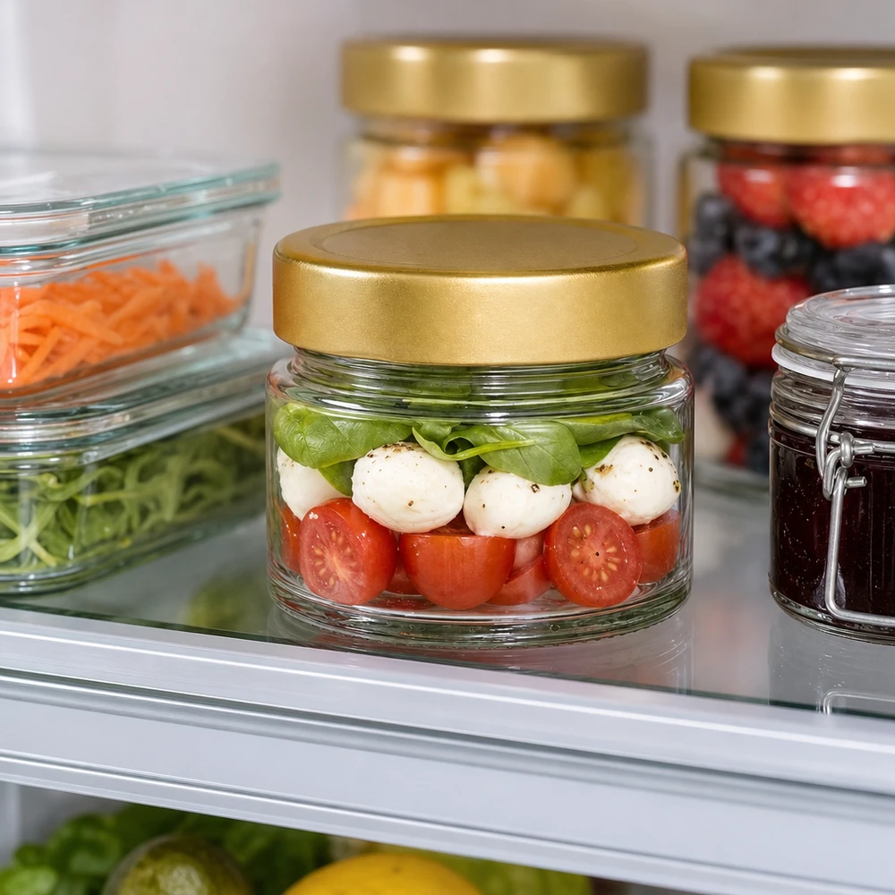 Tarro redondo de 80ml con tapa BasicSeal dorado profundo UNiTWIST Caprese-Salat im 80ml Rundglas mit goldenem Deckel im Kühlschrank - praktische Aufbewahrung für Meal Prep