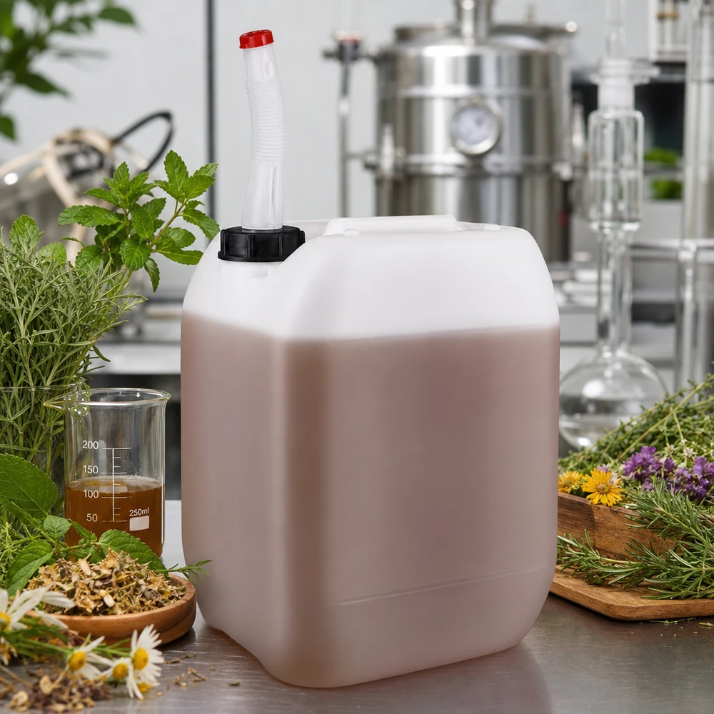 Envasado de extractos de hierbas en bidones de 10 litros con tubo de salida flexible en la producción de cosméticos naturales