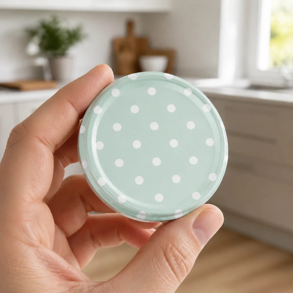 Tapa BasicSeal de 63 mm, puntos, menta mate (TO63) UNiTWIST Tapa BasicSeal TO63 color menta con puntos blancos, sostenida con la mano, con la cocina al fondo