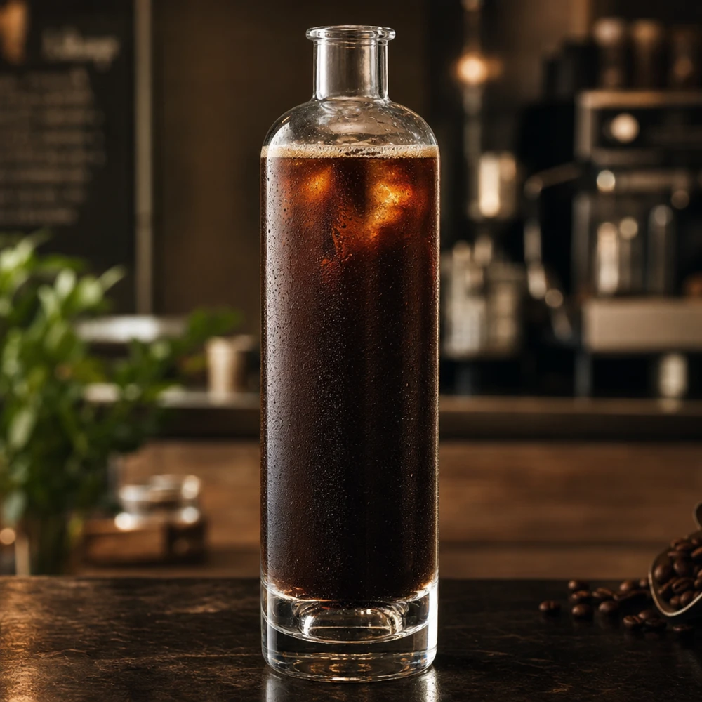Botella de cristal de 500 ml Ella llena de café cold brew en forma cilíndrica de cocina sin tapón Ejemplo de aplicación UNiTWIST