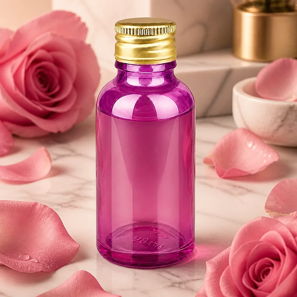 Frasco de 30ml 11mm tapón de rosca aluminio oro estándar PurpleLine. UT18/30 Violeta púrpura Frasco de vidrio de 30 ml con tapón SV y tapón de aluminio dorado para aromaterapia y perfumes