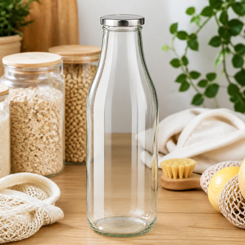 Botella de vidrio plateado BasicSeal de 1000 ml sobre una mesa de madera con accesorios de cocina sostenibles y plantas Estilo de vida residuo cero