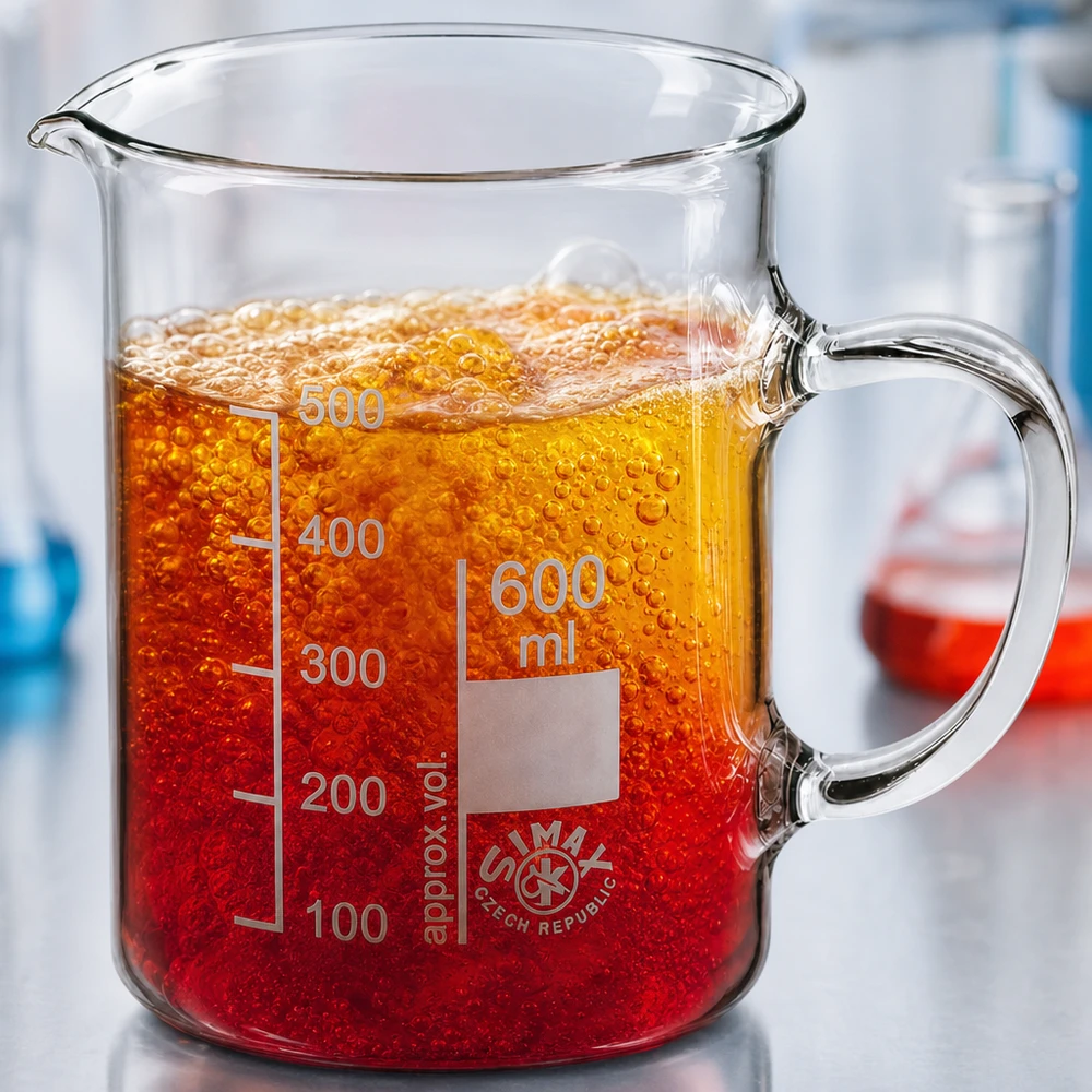 Vaso de precipitados de 600 ml con asa, lleno de un líquido espumoso de color rojo anaranjado, en el laboratorio