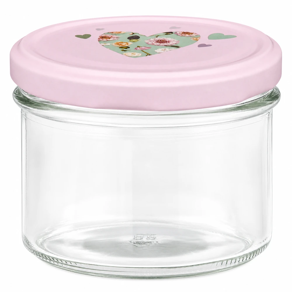 Tarro de 225 ml con tapa BasicSeal rosa y motivo de corazón para mermeladas y conservas