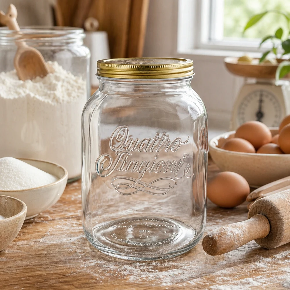 Tarro redondo "Quattro Stagioni" de 3000 ml con tapa Quattro Stagioni 3000ml tarro de cristal en la cocina con ingredientes para hornear harina huevos y rodillo para el almacenamiento