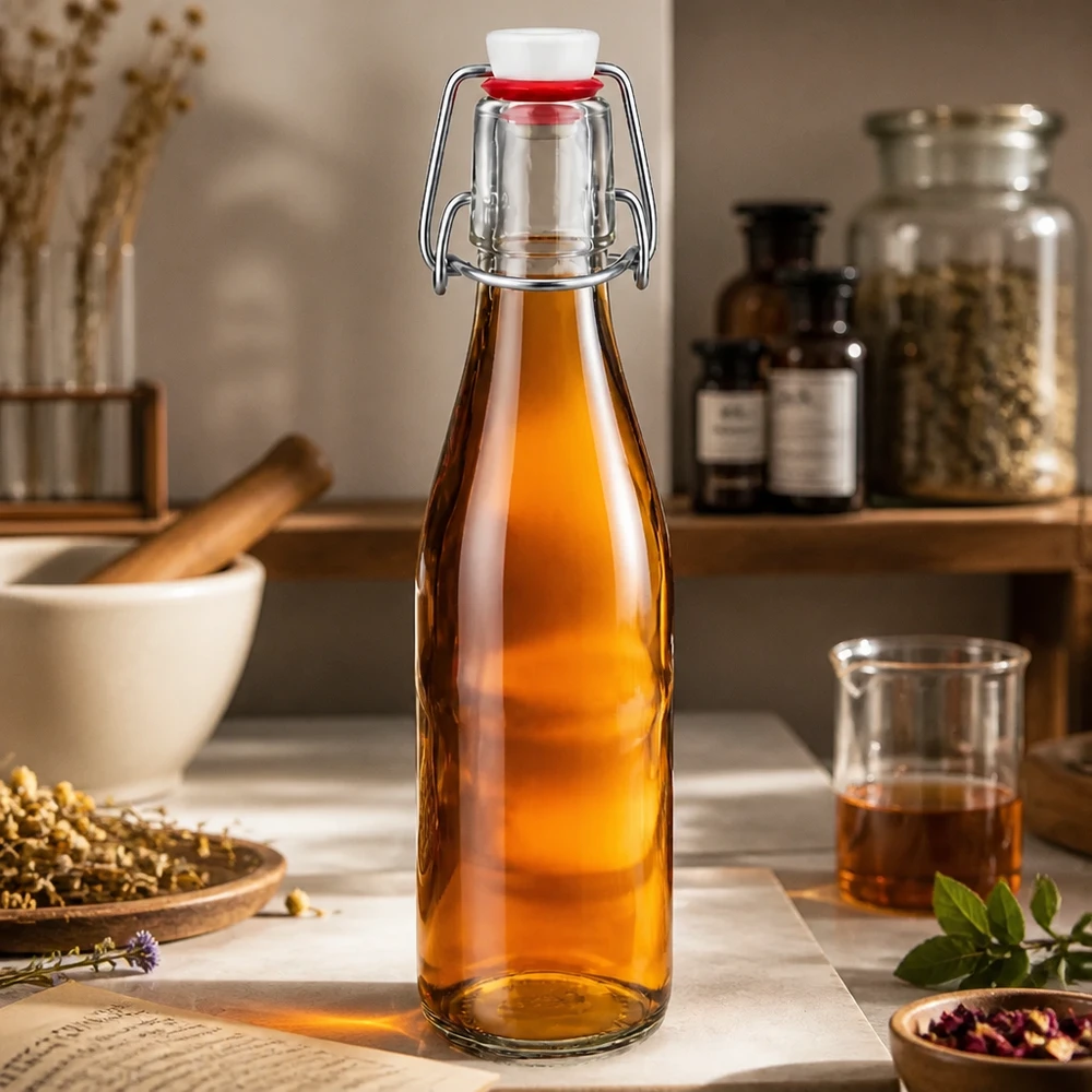 Botella de vidrio de 250ml + tapa oscilante de porcelana UNiTWIST Botella de cristal de 250 ml con tapón oscilante llena de líquido de color ámbar en cocina rústica con especias