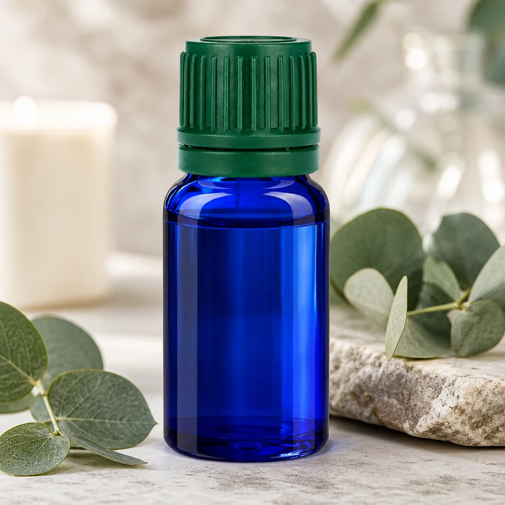 Frasco compacto de vidrio azul de 10 ml con práctico tapón de rosca para uso móvil