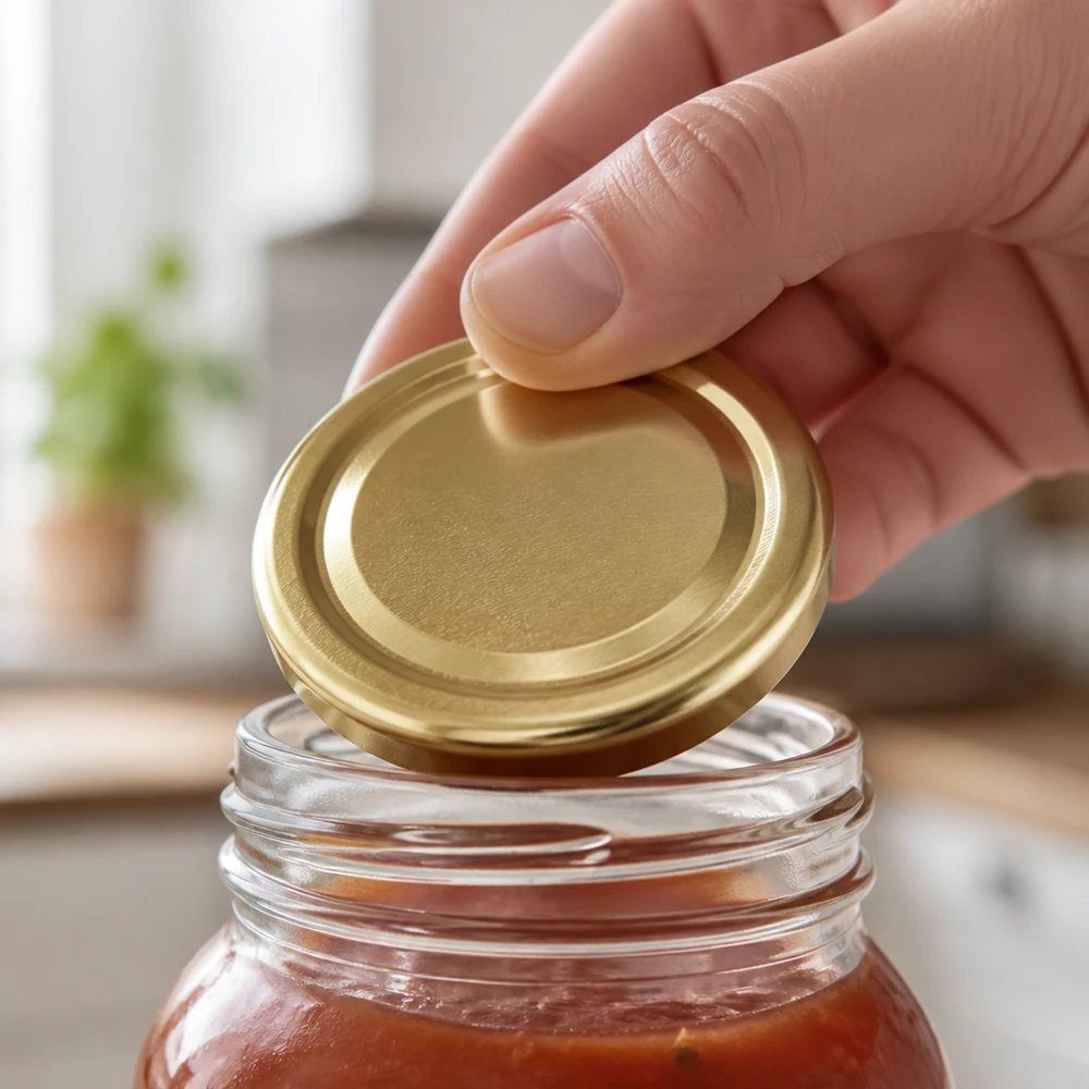 Primer plano de la tapa metálica dorada TO48 colocada sobre un frasco de cristal con salsa roja