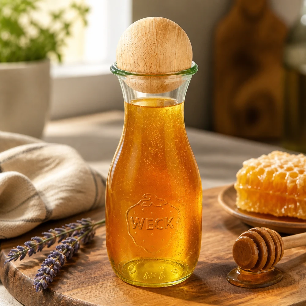 Botella para zumo de 530ml WECK RR60 con bola de madera de haya Botella de cristal WECK de 530 ml llena de miel y bola de madera de haya sobre tabla de madera decorada con panal y lavanda