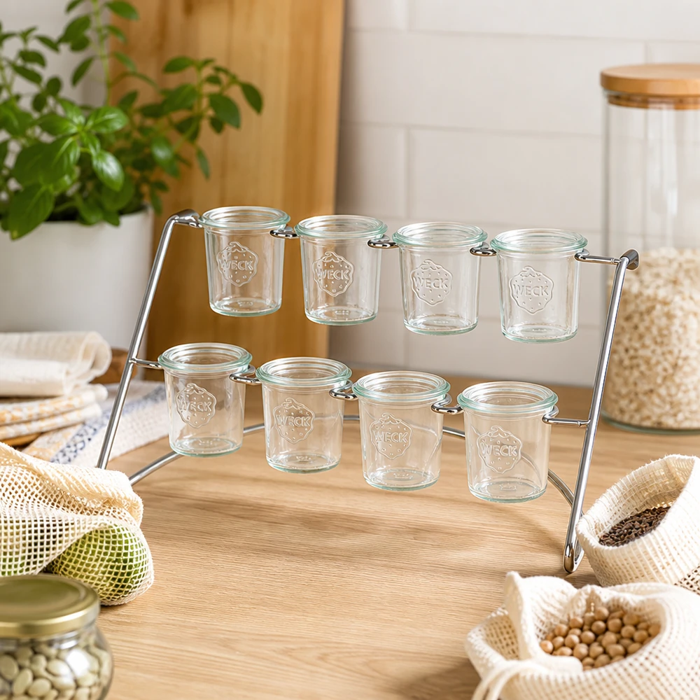 Portavasos Flato8 para 8 vasos WECK Estante para servir Flato8 con vasos vacíos WECK en un entorno de cocina natural con productos ecológicos y sostenibilidad