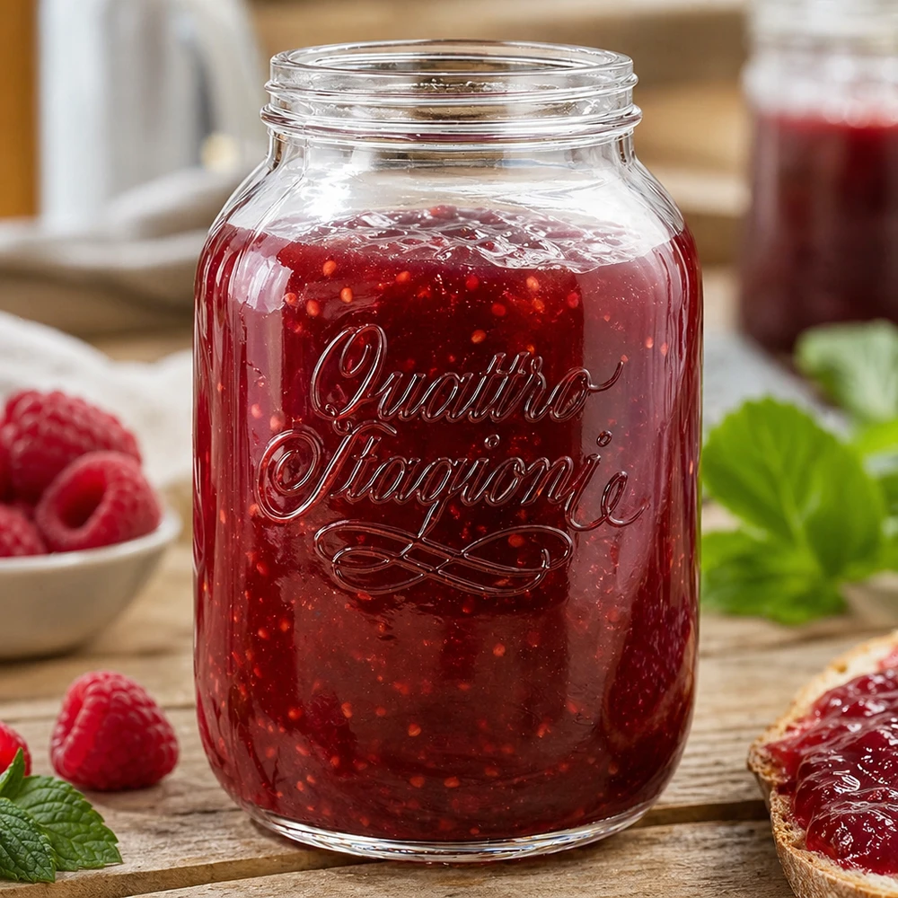Tarro doméstico Quattro Stagioni de 3000 ml lleno de mermelada roja junto a fresas frescas sobre una mesa de madera