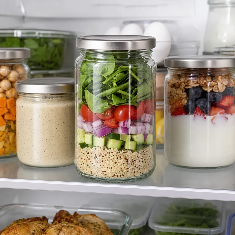Tarro redondo de 305 ml con tapa BasicSeal como recipiente de preparación de comidas para ensalada en el frigorífico con sistema de capas