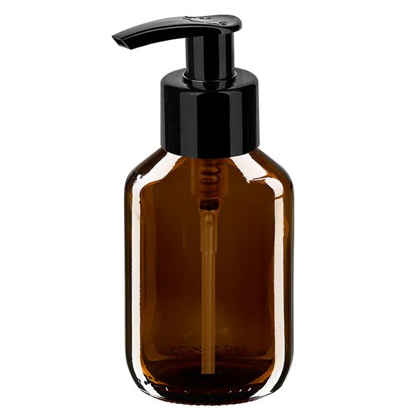 Frasco medicinal 100ml marrón, con bomba dispensadora negra ApoGlas Frasco medicinal 100ml marrón, con bomba dispensadora negra ApoGlas
